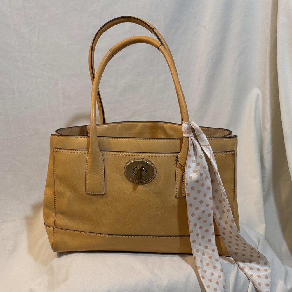 Coach Tan Leather Tote with Polka Dot Scarf